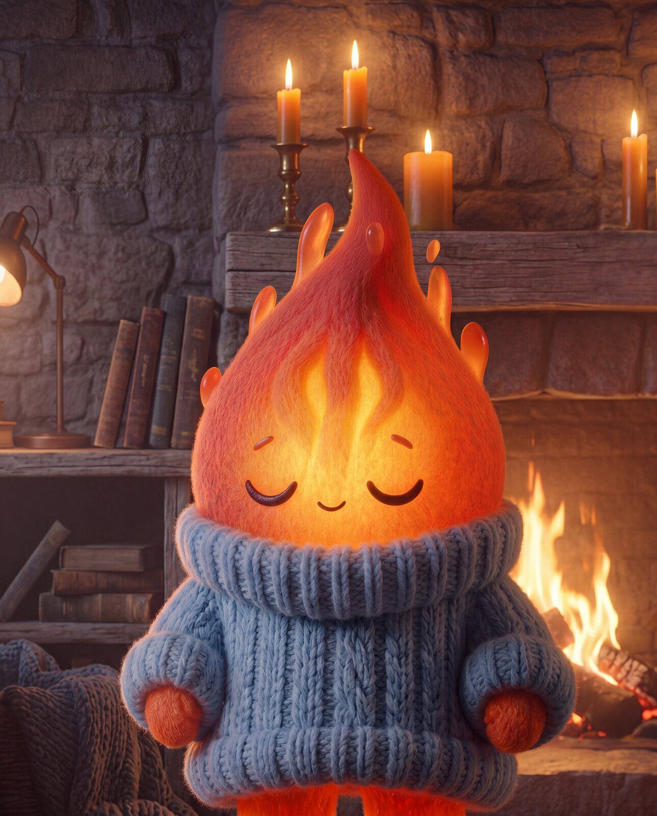 A flame in a knit sweater.
